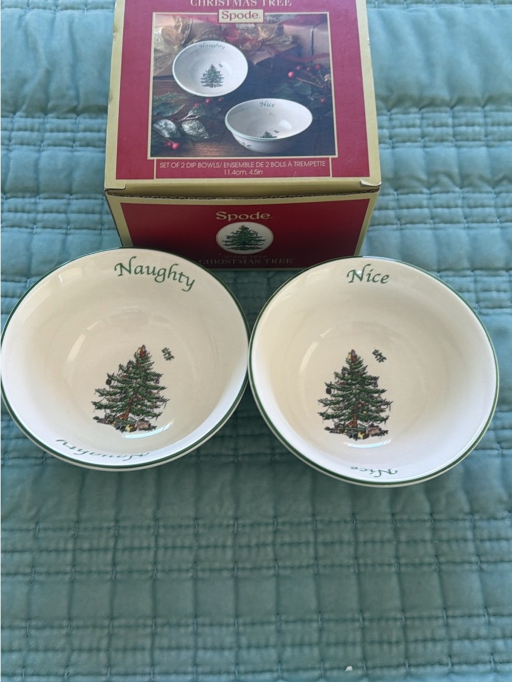 Spode Cream and Green Christmas Tree 'Naughty' & 'Nice' Dip Bowls Set of 2
